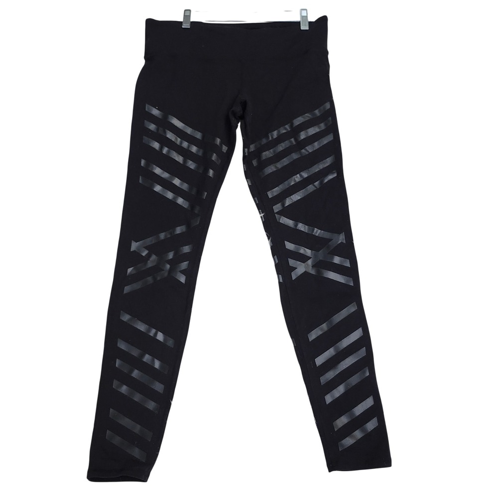 Alo Yoga Womens Black Glossy Graphic Stripe Athletic Leggings LG Sporty Moto
